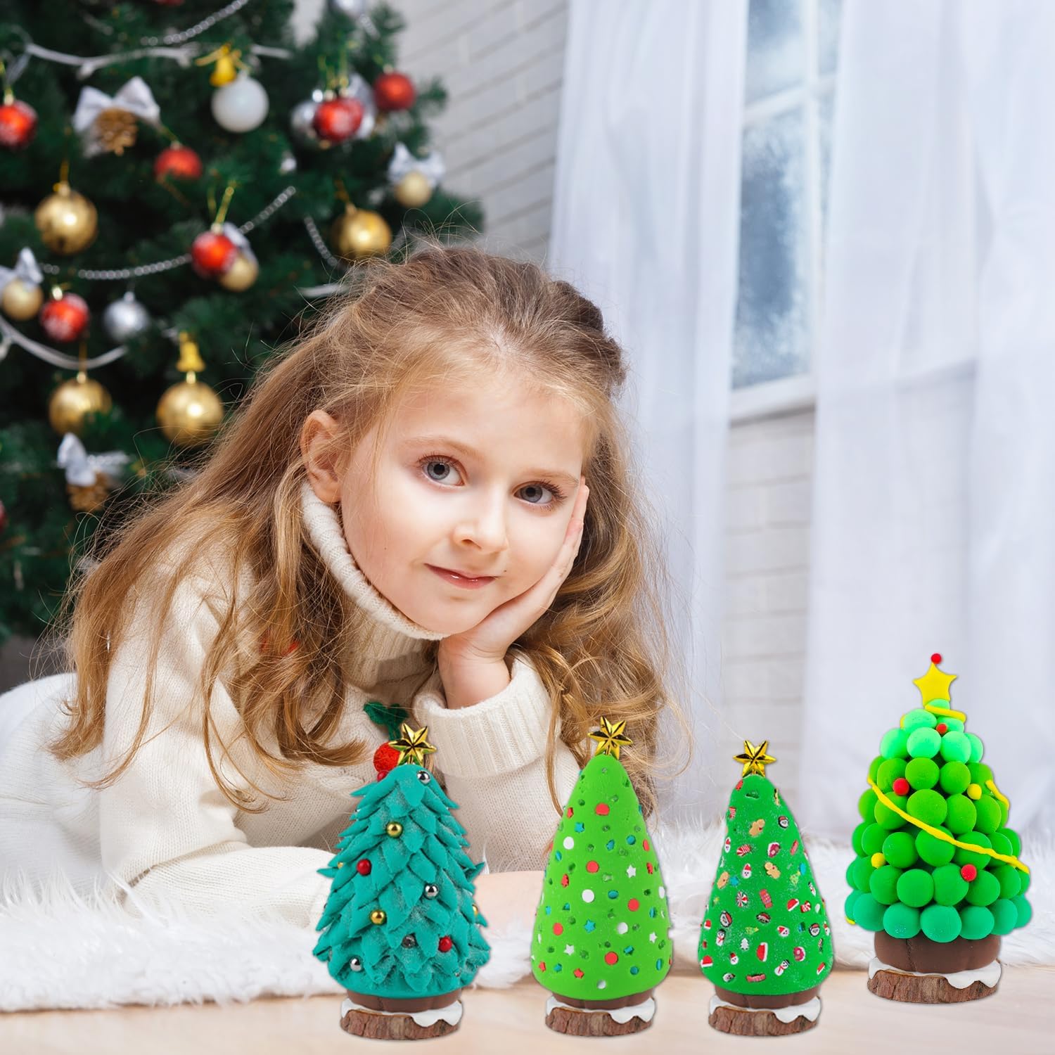 12Pack Christmas Trees DIY Crafts Kit - Air Dry Clay Christmas Crafts for Kids - Creative Air Dry Clay Modeling Indoor Decorations - Kids Christmas Trees Crafts Gift for School Winter Party Fun